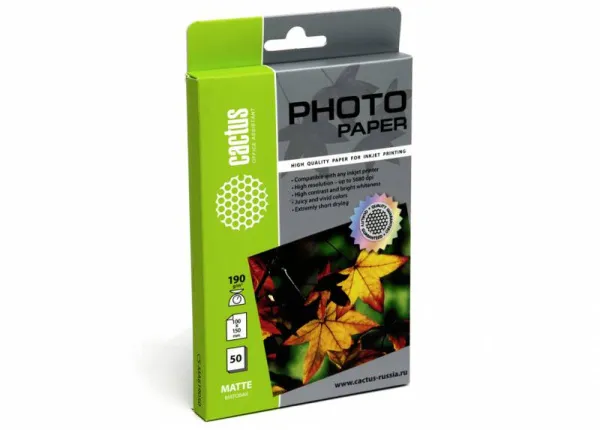 Фотобумага Cactus 10x15/190г/м2/50л./белый матовое для струйной печати (арт. CS-MA619050)