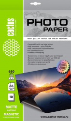 Фотобумага Cactus A6, 650 г/м², 10 л, белая матовая/магнитный слой для струйной печати (арт. CS-MMA665010)