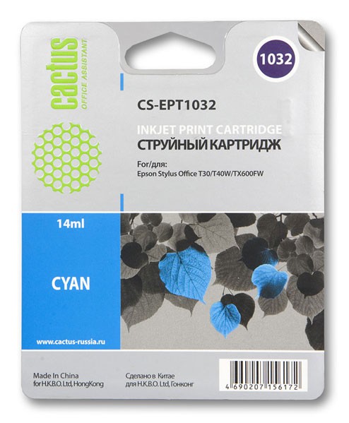 Картридж Cactus Картридж струйный CS-EPT1032 голубой (14мл) (арт. CS-EPT1032)