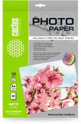Фотобумага Cactus A4, 120 г/м², 50 л, белая матовая самоклеящаяся для струйной печати (арт. CS-MSA412050)