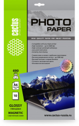 Фотобумага Cactus A6, 690 г/м², 10 л, белая глянцевая/магнитный слой для струйной печати (арт. CS-MGA669010)