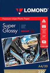 Бумага Lomond Super Glossy, ярко-белая, с cуперглянцевой поверхностью, А4, 220 г/м², по 20 листов в пачках (арт. 1102100)