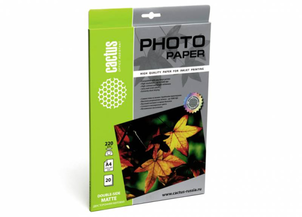 Фотобумага Cactus A4/220г/м2/20л./белый матовое/матовое для струйной печати (арт. CS-MA422020DS)