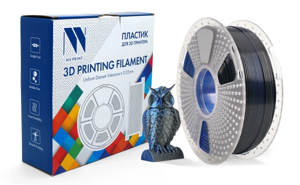 Филамент NVPRINT Silk PLA+ черный/синий для 3D печати, диаметр 1.75мм, длина 330 метров, масса 1 кг.