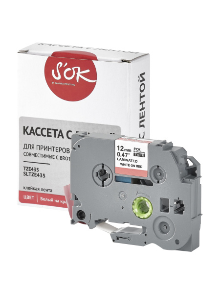 Кассета с лентой Sakura Printing TZE435 для Brother, белый на красном, 12мм/8м, наклейка (арт. SLTZE435)