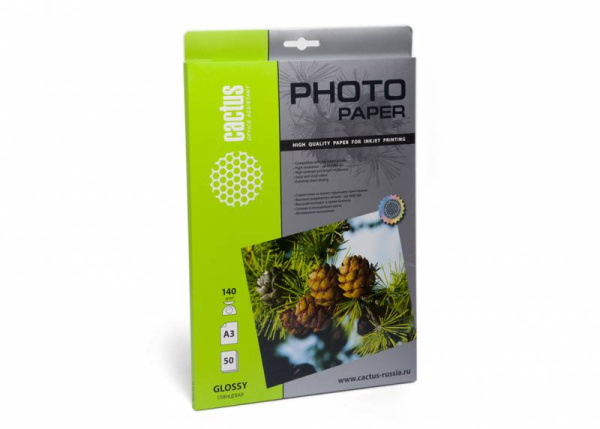 Фотобумага Cactus A3/140г/м2/50л./белый глянцевое для струйной печати (арт. CS-GA314050)