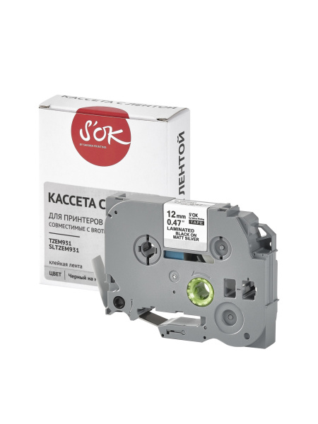 Кассета с лентой Sakura Printing TZEM931 для Brother, черный на матовом серебре, 12мм/8м, наклейка (арт. SLTZEM931)