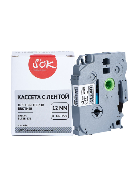Кассета с лентой Sakura Printing TZE131 для Brother, черный на прозрачном, 12мм/8м, наклейка (арт. SLTZE131)