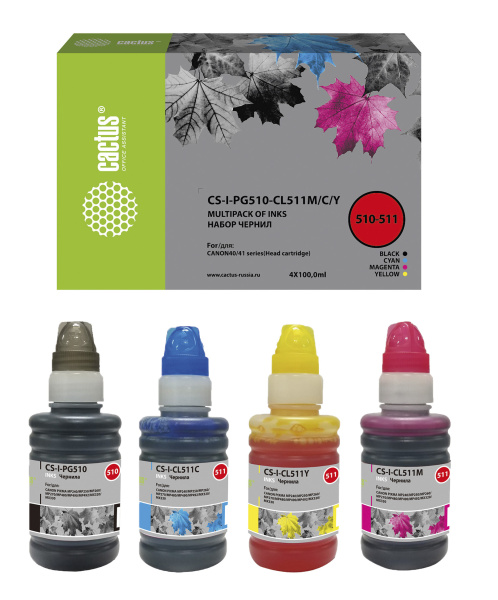 Чернила Cactus многоцветный набор (4x100 мл.) (арт. CS-I-PG510-CL511M/C)