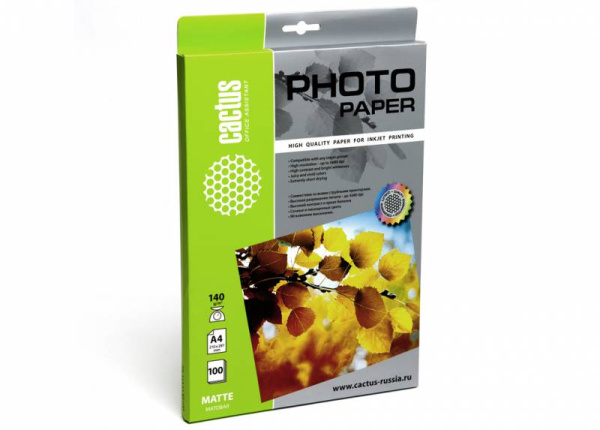 Фотобумага Cactus A4/140г/м2/100л./белый матовое для струйной печати (арт. CS-MA4140100)