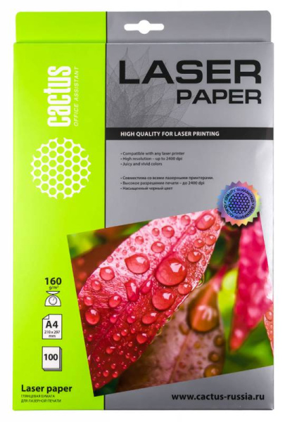 Фотобумага Cactus A4/160г/м2/100л./белый глянцевое для лазерной печати (арт. CS-LPA4160100)