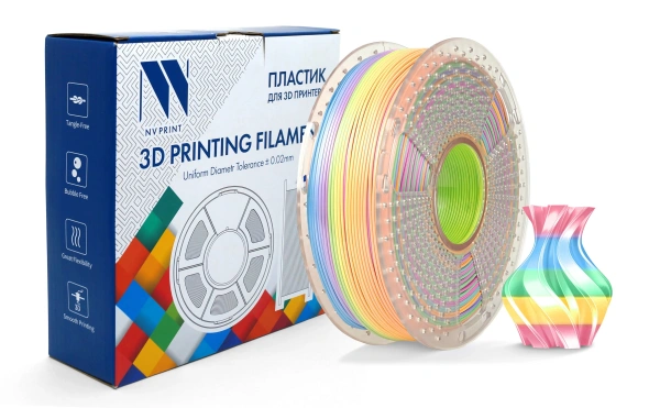 Филамент NVPRINT Silk PLA+ радужный 04 для 3D печати, диаметр 1.75мм, длина 330 метров, масса 1 кг.