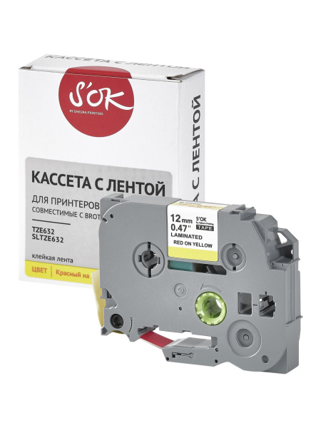 Кассета с лентой Sakura Printing TZE632 для Brother, красный на желтом, 12мм/8м, наклейка (арт. SLTZE632)