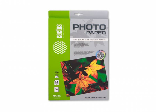 Фотобумага Cactus A4/230г/м2/50л./белый матовое для струйной печати (арт. CS-MA423050)