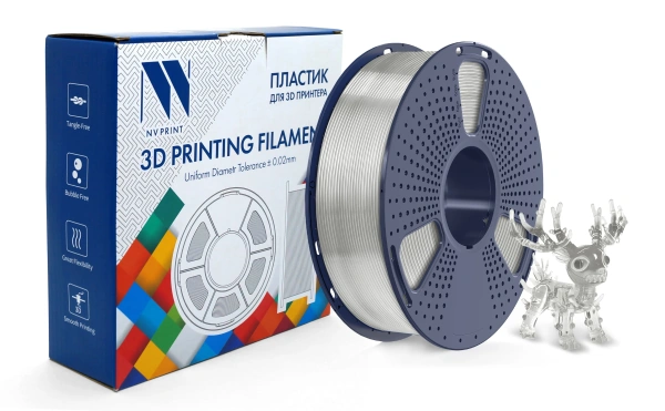 Филамент NVPRINT PLA+ прозрачный белый для 3D печати, диаметр 1.75мм, длина 330 метров, масса 1 кг.