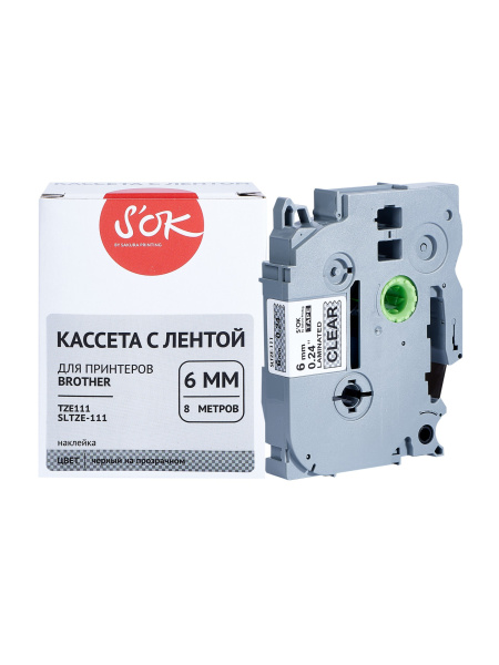 Кассета с лентой Sakura Printing TZE111 для Brother, черный на прозрачном, 6мм/8м, наклейка (арт. SLTZE111)