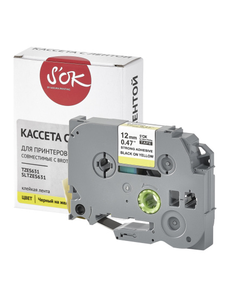 Кассета с лентой Sakura Printing TZES631 для Brother, черный на желтом, 12мм/8м, наклейка (арт. SLTZES631)
