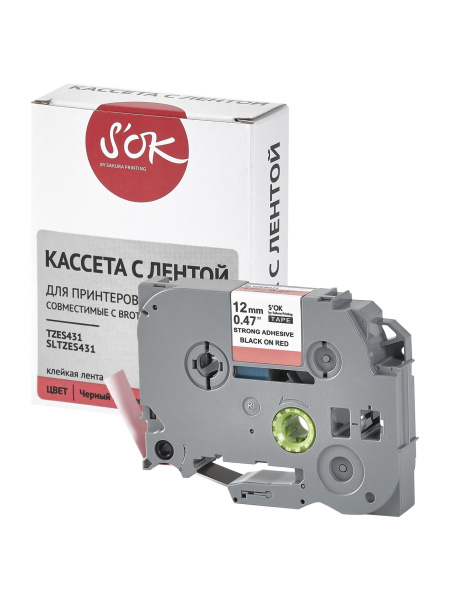 Кассета с лентой Sakura Printing TZES431 для Brother, черный на красном, 12мм/8м, наклейка (арт. SLTZES431)