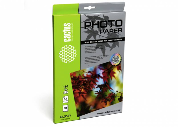 Фотобумага Cactus A4/180г/м2/50л./белый глянцевое для струйной печати (арт. CS-GA418050)