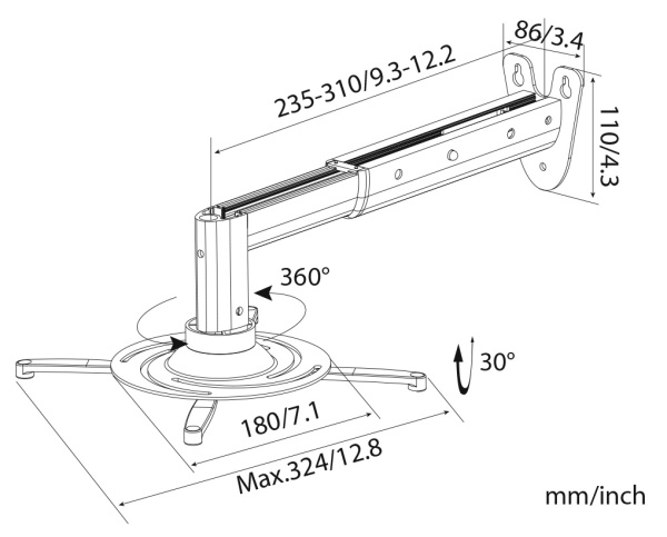 Кронштейн для проектора Cactus серебристый макс.10кг настенный и потолочный поворот и наклон (арт. CS-VM-PR05B-AL)