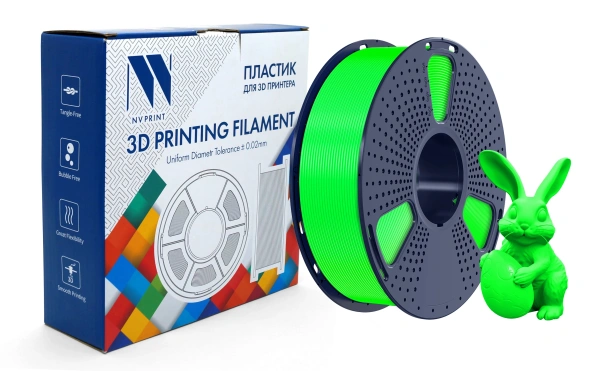 Филамент NVPRINT PETG Glow зеленый для 3D печати, диаметр 1.75мм, длина 330 метров, масса 1 кг.