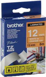 Ламинированная лента Brother TZ635, для печати наклеек, белый на жёлтом фоне, 12мм х 8м (арт. TZ635)