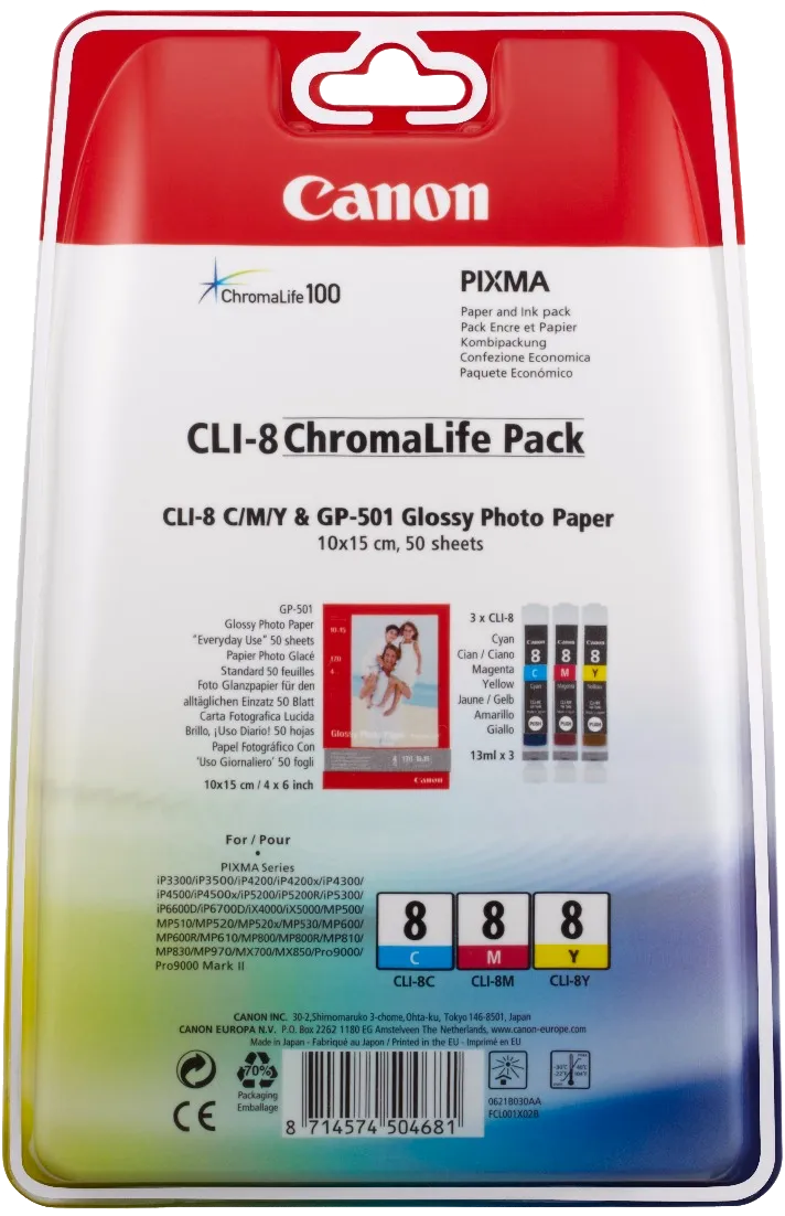 Набор картриджей Canon CLI-8 C/M/Y (многоцветный, 3 картриджа, 13 мл.) (арт. 0621B029)