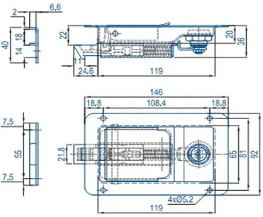 Замок малый утопленный MRF 146×92 мм , с блокировкой и защелкой из нейлона, нерж. сталь (арт. 202920203)