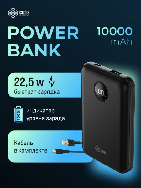 Мобильный аккумулятор Cactus (10000mAh, 22.5W, 4.5A, USB-A/USB-C, черный) (арт. CS-PBFSOA-10000)