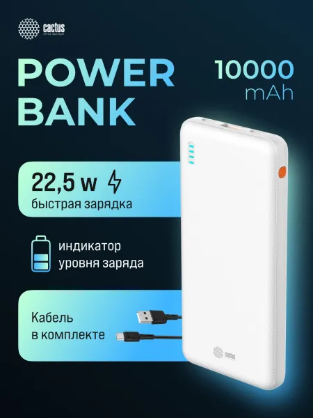 Мобильный аккумулятор Cactus (10000mAh, 4.5A, USB-A/2xUSB-C, белый) (арт. CS-PBFSBA-10000)
