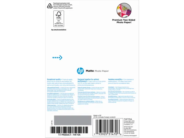 Матовая фотобумага HP Matte, 180 г/м2, 10x15 см (арт. 7HF70A)