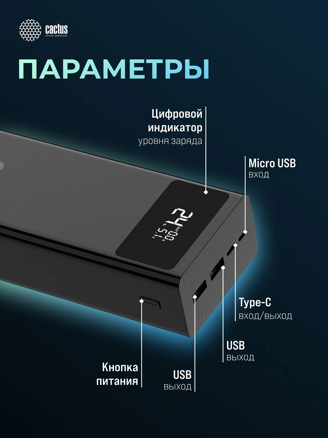Мобильный аккумулятор Cactus (30000mAh, 22.5W, 4.5A, USB-A/USB-C, черный) (арт. CS-PBFSKA-30000)