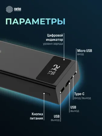 Мобильный аккумулятор Cactus (30000mAh, 22.5W, 4.5A, USB-A/USB-C, черный) (арт. CS-PBFSKA-30000)
