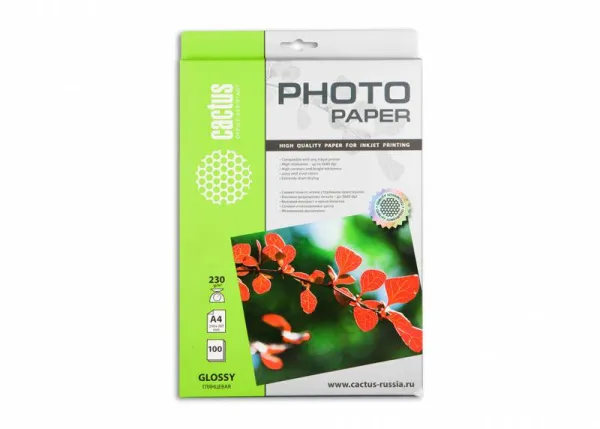 Фотобумага Cactus A4/230г/м2/100л./белый глянцевое для струйной печати (арт. CS-GA4230100)
