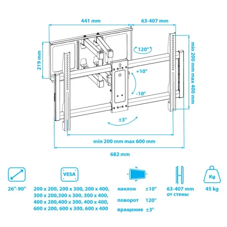 Кронштейн VLK TRENTO-20 чёрный для TV 26-90″ (арт. 51040)