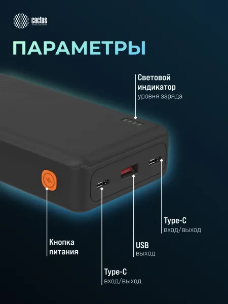 Мобильный аккумулятор Cactus (20000mAh, 4.5A, USB-A/2xUSB-C, черный) (арт. CS-PBFSDA-20000)