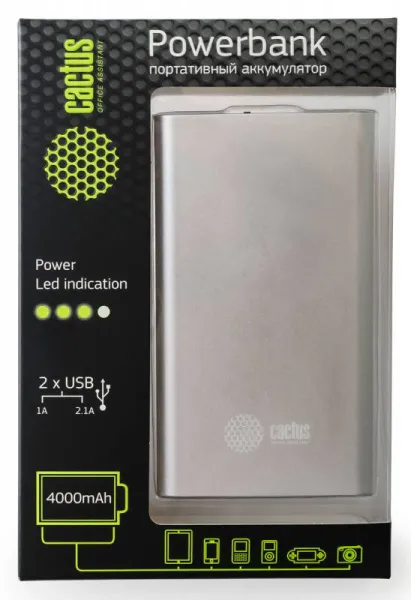 Мобильный аккумулятор Cactus CS-PBA12-4000S Li-Ion 4000 mAh 1A+2.1A серебристый 2xUSB (арт. CS-PBA12-4000S)