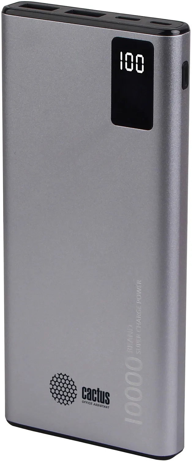 Мобильный аккумулятор Cactus 10000mAh, 3A, 2xUSB, серый (арт. CS-PBFSLT-10000)