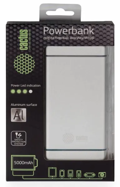 Мобильный аккумулятор Cactus CS-PBMS028-5000AL Li-Pol 5000mAh 2.1A серебристый 1xUSB (арт. CS-PBMS028-5000AL)