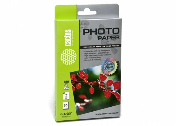 Фотобумага Cactus 10x15/180г/м2/50л./белый глянцевое для струйной печати (арт. CS-GA618050)