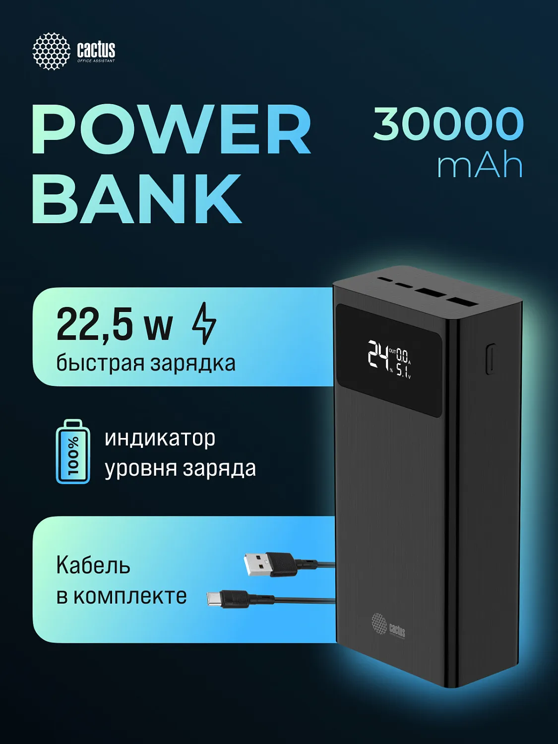 Мобильный аккумулятор Cactus (30000mAh, 22.5W, 4.5A, USB-A/USB-C, черный) (арт. CS-PBFSKA-30000)