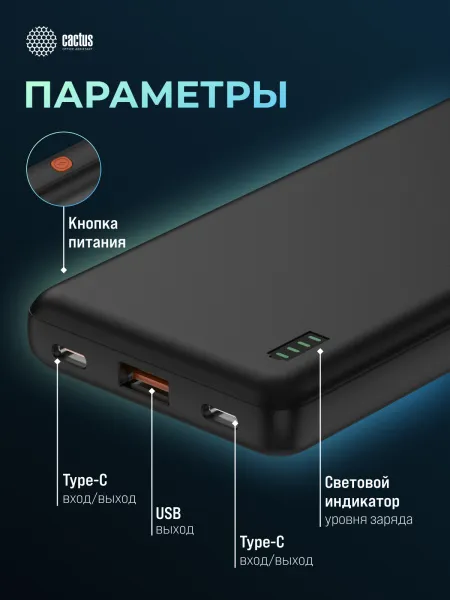 Мобильный аккумулятор Cactus (10000mAh, 4.5A, USB-A/2xUSB-C, черный) (арт. CS-PBFSAA-10000)