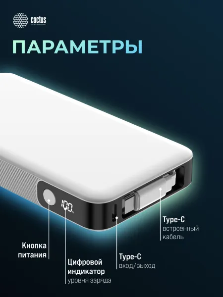 Мобильный аккумулятор Cactus (10000mAh 22.5W 4.5A 2xUSB-C белый) (арт. CS-PBFSPA-10000)