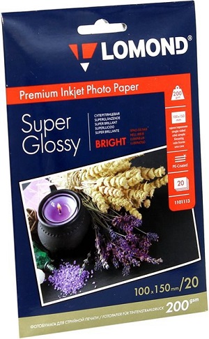 Фотобумага Lomond Super Glossy Bright, 10 х 15, 200 г/м2, 20 листов (арт. 1101113)