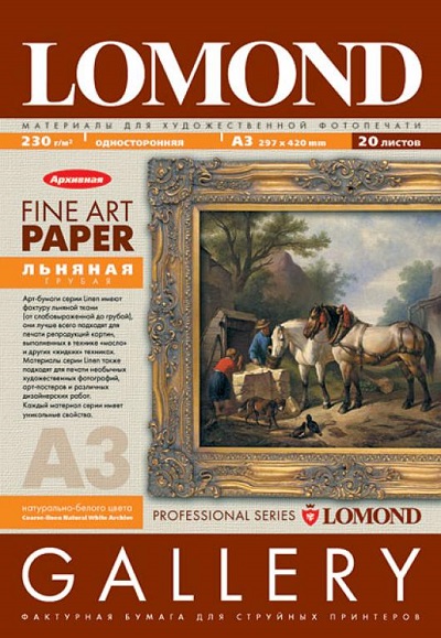 Бумага Lomond COARSE-LINEN NATURAL WHITE ARCHIVE А3, 230 Г/М2, 20 ЛИСТОВ (арт. 0913232)