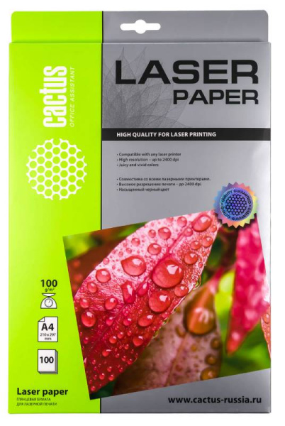 Фотобумага Cactus A4/100г/м2/100л./белый глянцевое для лазерной печати (арт. CS-LPA4100100)