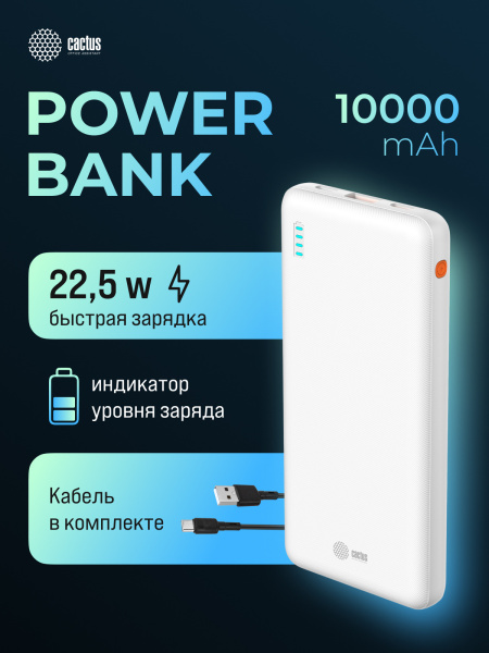 Мобильный аккумулятор Cactus (10000mAh, 4.5A, USB-A/2xUSB-C, белый) (арт. CS-PBFSBA-10000)