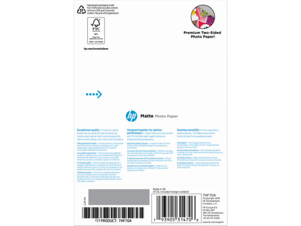 Матовая фотобумага HP Matte, 180 г/м2, 10x15 см (арт. 7HF70A)