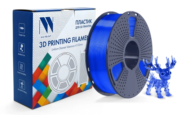 Филамент NVPRINT PLA+ прозрачный синий для 3D печати, диаметр 1.75мм, длина 330 метров, масса 1 кг.