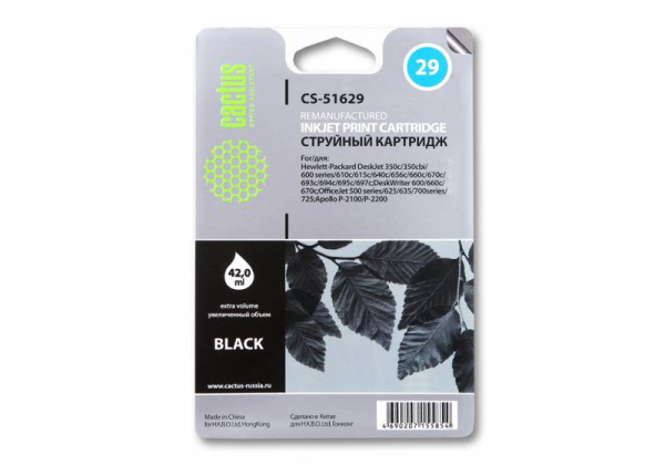 Картридж Cactus Картридж струйный CS-51629 №29 черный (42мл) (арт. CS-51629)